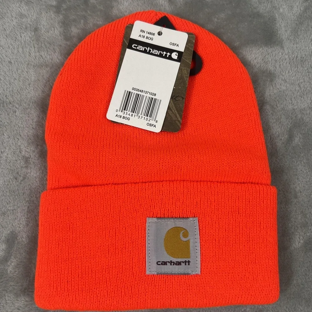 Carhartt Hat‎ Beanie Cuffed Knit Mens One Size Bright Orange Acrylic Watch A18